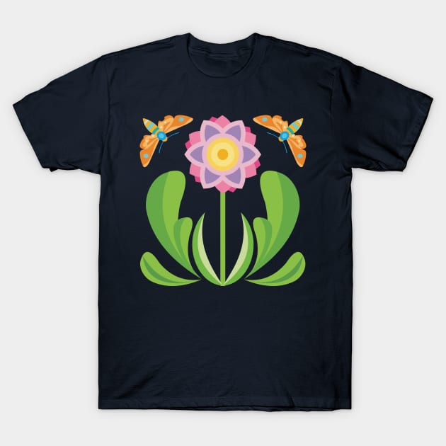 Flower Garden with Colorful Moths T-Shirt by evisionarts